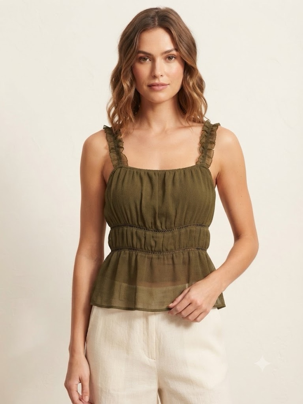 Old Navy Olive Ruffled Strap Peplum Tank Top size M